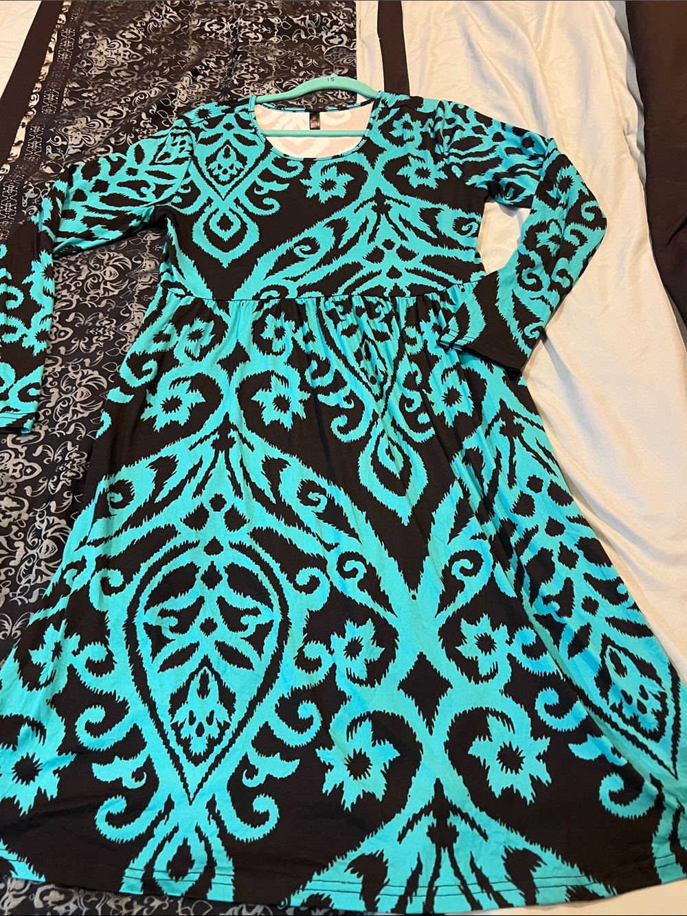 DB MOON Black and Turquoise Long-Sleeve Fit & Flare Dress